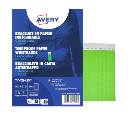 Braccialetti identificativi - in Tyvek - verde fluo - 265 x 19 mm - 50 fogli - 10 etichette per foglio - Conf. 500 pezzi - Avery - TYVGN-50 - 5014702149504 - DMwebShop
