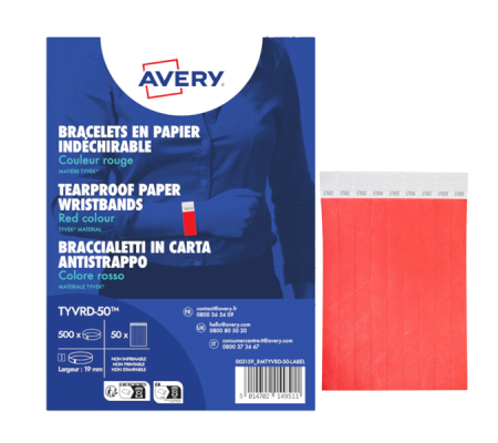 Braccialetti identificativi - in Tyvek - rosso fluo - 265 x 19 mm - 50 fogli - 10 etichette per foglio - Conf. 500 pezzi - Avery - TYVRD-50 - 5014702149511 - DMwebShop