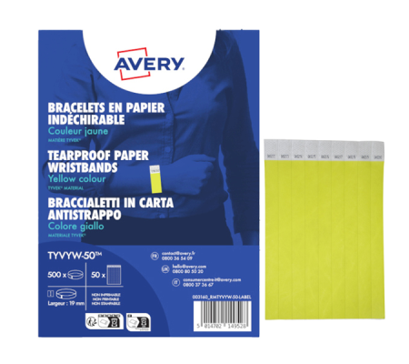 Braccialetti identificativi - in Tyvek - giallo fluo - 265 x 19 mm - 50 fogli - 10 etichette per foglio - Conf. 500 pezzi - Avery - TYVYW-50 - 5014702149528 - DMwebShop