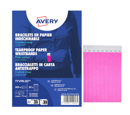 Braccialetti identificativi - in Tyvek - rosa fluo - 265 x 19 mm - 50 fogli - 10 etichette per foglio - Conf. 500 pezzi - Avery - TYVPK-50 - 5014702149535 - DMwebShop