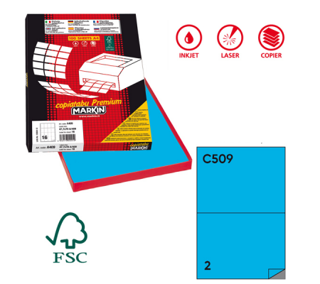 Etichetta adesiva C509 - permanente - 210 x 148,5 mm - 2 etichette per foglio - blu - scatola 100 fogli A4 - Markin - 210C509BL - 8007047923929 - DMwebShop