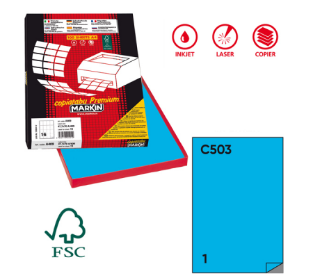 Etichetta adesiva C503 - permanente - 210 x 297 mm - 1 etichetta per foglio - blu - scatola 100 fogli A4 - Markin - 210C503BL - 8007047023698 - DMwebShop