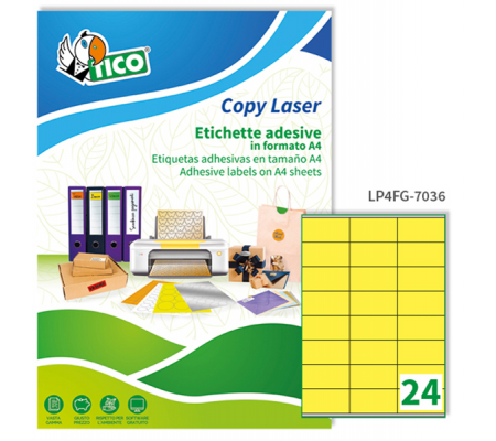 Etichetta adesiva LP4F - permanente - 70 x 36 mm - 24 etichette per foglio - giallo fluo - conf. 70 fogli A4 - Tico - LP4FG-7036 - 8007827270113 - DMwebShop