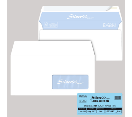 Busta SILVER90 STRIP LASER FSC bianca internografata con finestra - 110 x 230 mm - 90 gr - conf. 500 pezzi - Pigna - 0220921AM - 8059020921231 - DMwebShop
