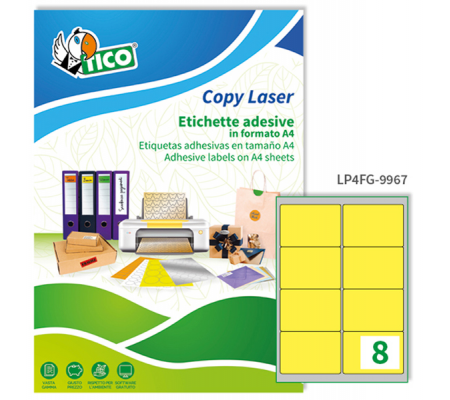 Etichetta adesiva LP4F - permanente - 99,1 x 67,7 mm - 8 etichette per foglio - giallo fluo - conf. 70 fogli A4 - Tico - LP4FG-9967 - 8007827270250 - DMwebShop