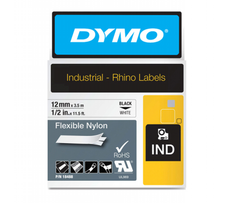 Nastro Rhino - 12 mm x 3,5 mt - nylon flessibile - nero-bianco - Dymo - 18488 - 071701184887 - DMwebShop