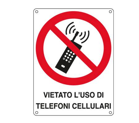 Cartello segnalatore - 16,6 x 23,3 cm - VIETATO L'USO DI TELEFONI CELLULARI - alluminio - Cartelli Segnalatori - E623801W - 8769006238016 - DMwebShop