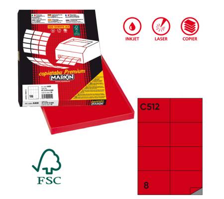 Etichetta adesiva C512 - carta - permanente - 105 x 74,25 mm - 8 etichette per foglio - rosso - scatola 100 fogli A4 - Markin - X210C512RO - 8007047022554 - DMwebShop