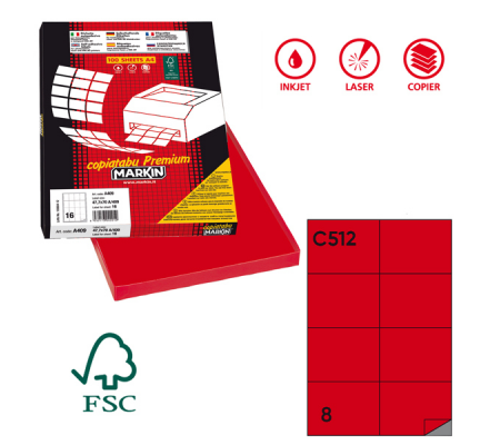 Etichetta adesiva C512 - permanente - 105 x 74,25 mm - 8 etichette per foglio - rosso - scatola 100 fogli A4 - Markin - 210C512RO - 8007047022554 - DMwebShop