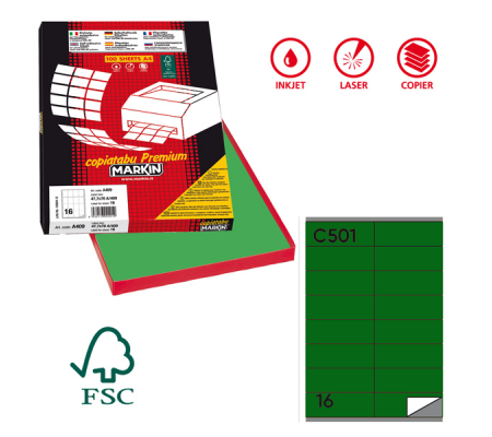 Etichetta adesiva C501 - permanente - 105 x 36 mm - 16 etichette per foglio - verde - scatola 100 fogli A4 - Markin - 210C501VE - 8007047021724 - DMwebShop