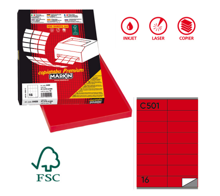 Etichetta adesiva C501 - permanente - 105 x 36 mm - 16 etichette per foglio - rosso - scatola 100 fogli A4 - Markin - 210C501RO - 8007047021700 - DMwebShop