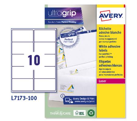 Etichetta adesiva L7173 - permanente - 99,1 x 57 mm - 10 etichette per foglio - bianco - conf. 100 fogli A4 - Avery - L7173-100 - 5014702005169 - DMwebShop