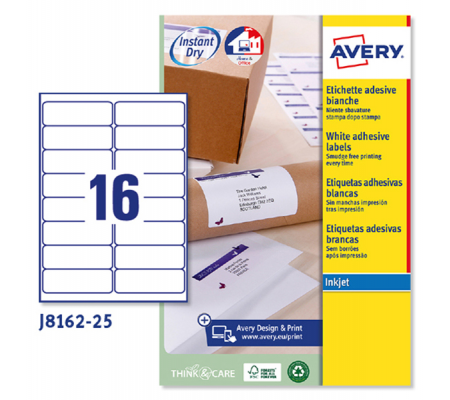 Etichetta adesiva J8162 - bianco - adatta a stampanti inkjet - 99,1 x33,9 mm - 16 etichette per foglio - conf. 25 fogli A4 - Avery - J8162-25 - 5014702109041 - DMwebShop