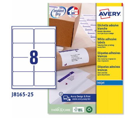Etichetta adesiva J8165 - permanente - 99,1 x 67,7 mm - 8 etichette per foglio - bianco - conf. 25 fogli A4 - Avery - J8165-25 - 5014702109072 - DMwebShop