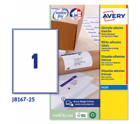 Etichetta adesiva J8167 - permanente - 199,6 x 289,1 mm - 1 etic. Per foglio - bianco - conf. 25 fogli A4 - Avery - J8167-25 - 5014702109102 - DMwebShop