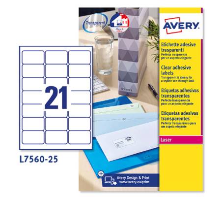 Etichetta in poliestere L7560 - permanente - 63,5 x 38,1 mm - 21 etic. Per foglio - trasparente - conf. 25 fogli A4 - Avery - L7560-25 - 5014702177767 - DMwebShop
