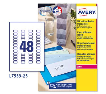Etichetta in poliestere L7553 - permanente - 22 x 12,7 mm - 48 etic. per foglio - trasparente - conf. 25 fogli A4 - Avery - L7553-25 - 5014702984976 - DMwebShop