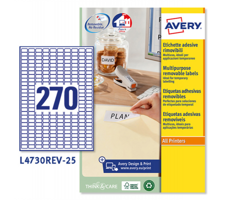 Etichetta adesiva L4730REV - rimovibile - 17,8 x 10 mm - 270 etic. per foglio - bianco - conf. 25 fogli A4 - Avery - L4730REV-25 - 5014702106415 - DMwebShop
