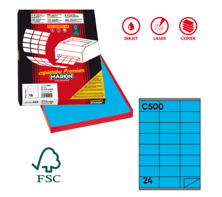Etichetta adesiva C500 - permanente - 70 x 36 mm - 24 etichette per foglio - blu - scatola 100 fogli A4 - Markin - 210C500BL - 8007047023681 - DMwebShop