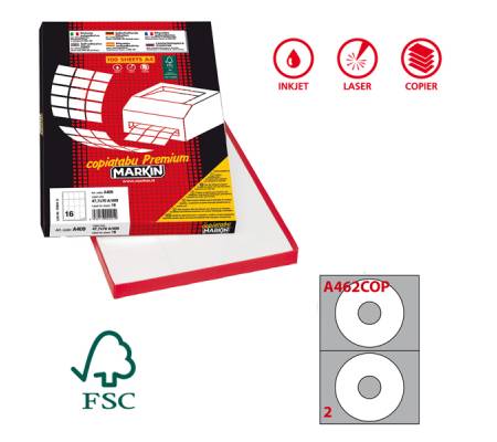 Etichetta adesiva per CD A462 - permanente - Ø CD 117,5 mm - foro 41 mm - 2 etic. per foglio - Markin - X210A462COP - 8007047027221 - DMwebShop