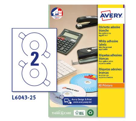 Etichetta adesiva L6043 per CD-DVD - permanente - Ø CD 117 mm - foro 41 mm - 2 etic. Per foglio - bianco - conf. 25 fogli A4 - Avery - L6043-25 - 5014702109171 - DMwebShop
