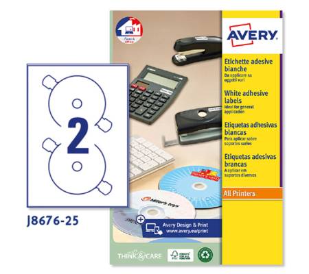 Etichetta adesiva J8676 per CD-DVD - carta permanente - inkjet - Ø 117 mm - 2 etic. Per foglio - bianco opaco - conf. 25 fogli A4 - Avery - J8676-25 - 5014702988936 - DMwebShop