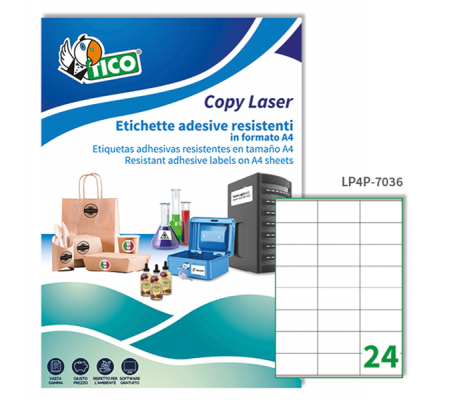 Etichetta in poliestere LP4P - stampanti laser - permanente - 70 x 36 mm - 24 etichette per foglio - bianco - conf. 70 fogli A4 - Tico - LP4P-7036 - 8007827192170 - DMwebShop