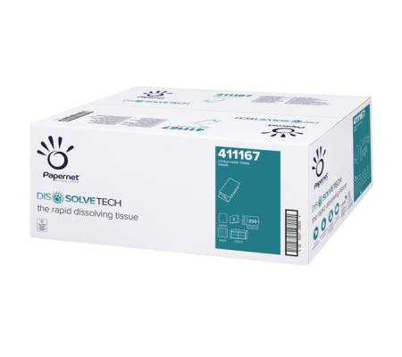 Asciugamani piegati a V Dissolve Tech - 2 veli - 20 gr - 24 x 21 cm - goffratura a onda - bianco - conf. 15 pezzi da 250 - Papernet - 411167 - 8024929511678 - DMwebShop