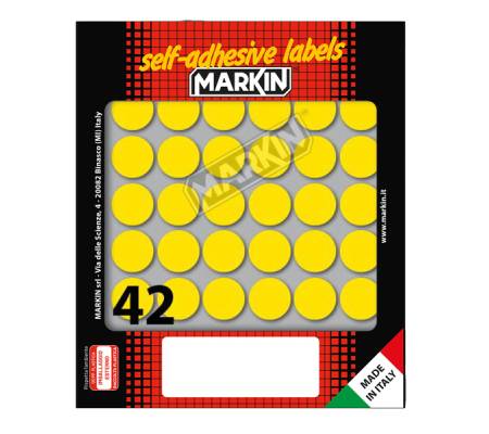 Etichetta adesiva - permanente - tonda Ø 18 mm - 42 etichette per foglio - 10 fogli per busta - giallo - Markin - 10006GI - 8007047035332 - DMwebShop