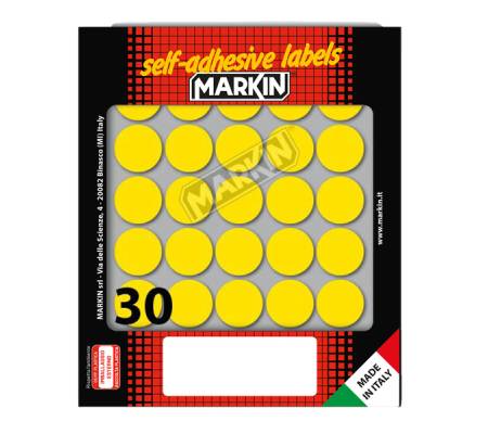 Etichetta adesiva - permanente - tonda Ø 22 mm - 30 etichette per foglio - 10 fogli per busta - giallo - Markin - 10007GI - 8007047035394 - DMwebShop