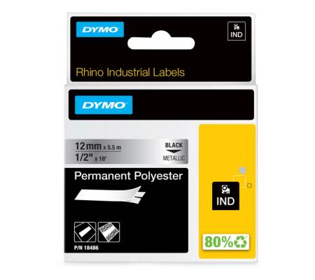 Nastro Rhino - 12 mm x 5,5 mt - poliestere - permanente - nero-metallo - Dymo - S0718180 - 71701184863 - DMwebShop