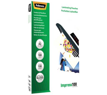 Pouches Impress100 - A3 -303 x 426 mm - 2 x 100 mic - scatola 100 pezzi - Fellowes - 5351205 - 77511535123 - DMwebShop