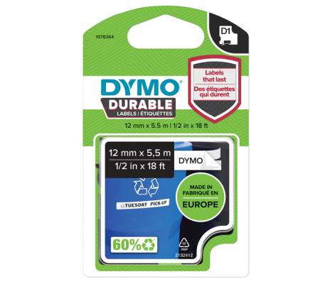 Nastro D1 Durable - 12 mm x 5,5 mt - nero-bianco - Dymo - 1978364 - 3501179783642 - DMwebShop