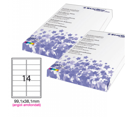Etichetta adesiva - bianco - 99,1 x 38,1 mm - angoli tondi - 14 etichette per foglio - conf. 100 fogli A4 - Starline - STL3044 - 8025133013934 - DMwebShop