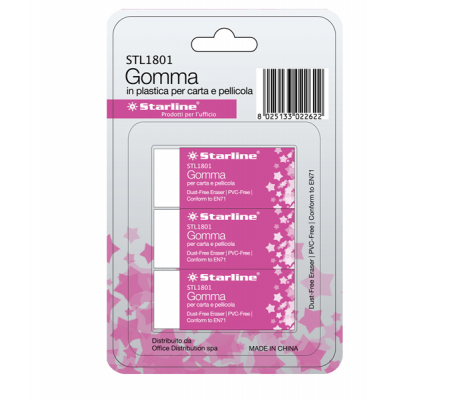 Gomma per carta e pellicola - 60 x 24 x 14 mm - bianco - conf. 3 pezzi - Starline STL1801
