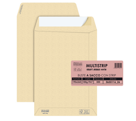 Busta sacco MULTI STRIP avana carta riciclata FSC strip adesivo - 190 x 260 mm - 100 gr - conf. 500 pezzi - Pigna - 065511626 - 8006873106124 - DMwebShop