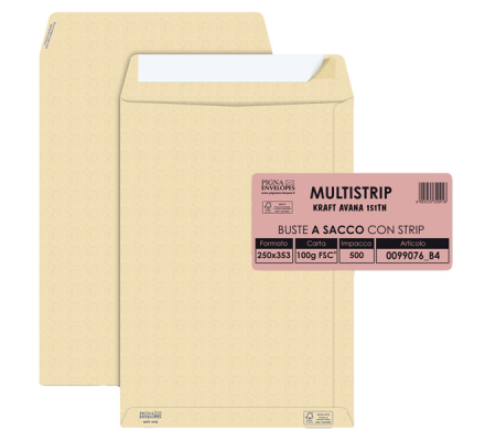 Busta sacco MULTI STRIP avana carta riciclata FSC strip adesivo - 250 x 353 mm - 100 gr - conf. 500 pezzi - Pigna - 0099076B4 - 8005235320918 - DMwebShop