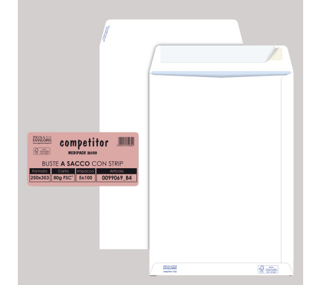 Busta sacco COMPETITOR FSC bianca strip adesivo - 250 x 353 mm - 80 gr - conf. 100 pezzi - Pigna - 0099069B4 - 8005235019201 - DMwebShop