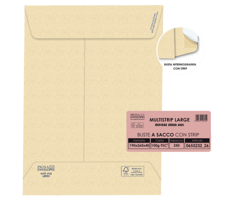 Busta sacco Multi Strip Large - avana - carta riciclata - 190 x 260 x 40 mm - 100 gr - conf. 250 pezzi - Pigna - 065523226 - 8006873106254 - DMwebShop