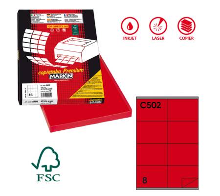 Etichetta adesiva C502 - permanente - 105 x 72 mm - 8 etichette per foglio - rosso - scatola 100 fogli A4 - Markin - X210C502RO - 8007047021762 - DMwebShop
