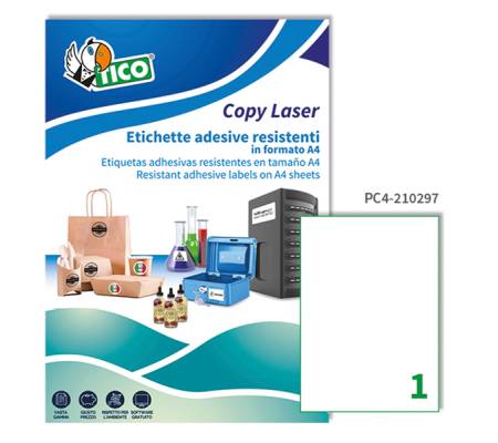 Etichetta in poliestere PC4 - permanente - 210 x 297 mm - 1 etichetta per foglio - trasparente - conf. 100 fogli A4 - Tico - PC4-210297 - 8007827243087 - DMwebShop