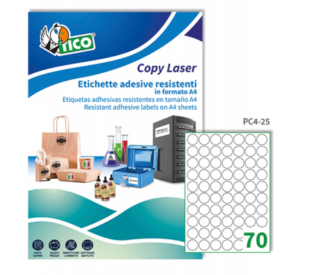 Etichetta in poliestere PC4 - stampanti laser - permanente - Ø 25 mm - 70 etichette per foglio - trasparente - conf. 100 fogli A4 - Tico - PC4-25 - 8007827243018 - DMwebShop