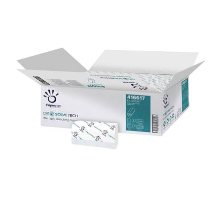 Asciugamani piegati a Z Dissolve Tech - 2 veli - 20 gr - goffrata a onda - 20,3 x 24 cm - bianco - conf. 20 pezzi da 200 - Papernet - 416617 - 8013924967207 - DMwebShop