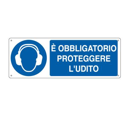 Cartello segnalatore - 35 x 12,5 cm - E' OBBLIGATORIO PROTEGGERE L'UDITO - alluminio - Cartelli Segnalatori - E1906K - 8798170619062 - DMwebShop
