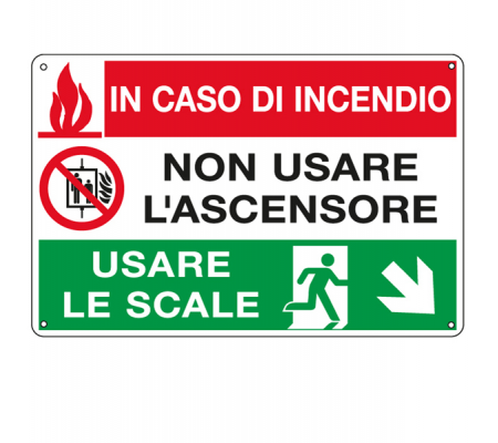 Cartello segnalatore multisimbolo - 30 x 20 cm - IN CASO DI INCENDIO NON USARE L'ASCENSORE - alluminio - Cartelli Segnalatori E3537