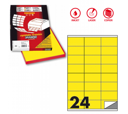 Etichetta adesiva C500 - permanente - 70 x 36 mm - 24 etichette per foglio - giallo fluo - scatola 100 fogli A4 - Markin - X210C500F-GI - 8007047021809 - DMwebShop