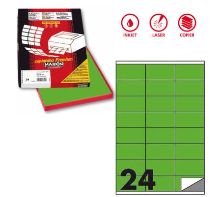 Etichetta adesiva C500 - permanente - 70 x 36 mm - 24 etichette per foglio - verde fluo - scatola 100 fogli A4 - Markin - X210C500F-VE - 8007047051257 - DMwebShop