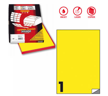 Etichetta adesiva C503 - permanente - 210 x 297 mm - 1 etichetta per foglio - giallo fluo - scatola 100 fogli A4 - Markin - X210C503F-GI - 8007047051004 - DMwebShop
