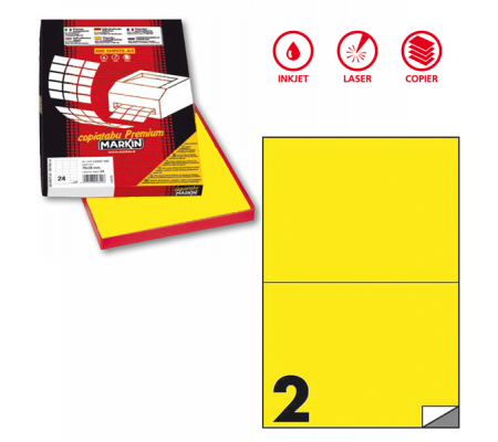 Etichetta adesiva C509 - permanente - 210 x 148,5 mm - 2 etichette per foglio - giallo fluo - scatola 100 fogli A4 - Markin - X210C509F-GI - 8007047051042 - DMwebShop
