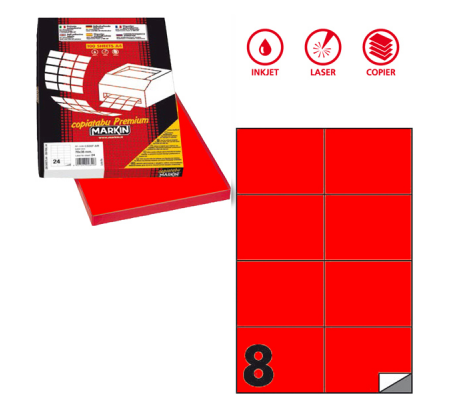 Etichetta adesiva C512 - permanente - 105 x 74,25 mm - 8 etichette per foglio - rosso fluo - scatola 100 fogli A4 - Markin - X210C512F-RO - 8007047051110 - DMwebShop